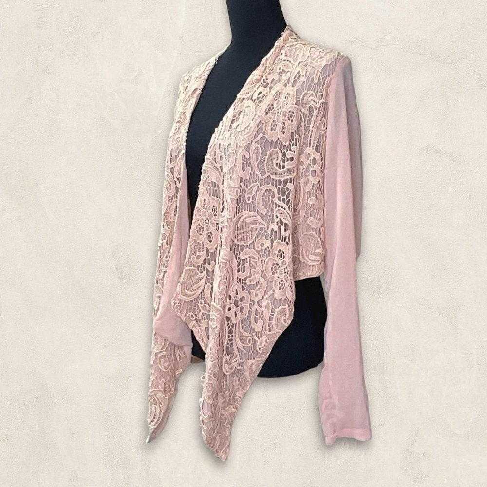 HAZEL Hazel Crochet Lace Front Half Jacket Chiffon Cardigan Long Sleeve Size M